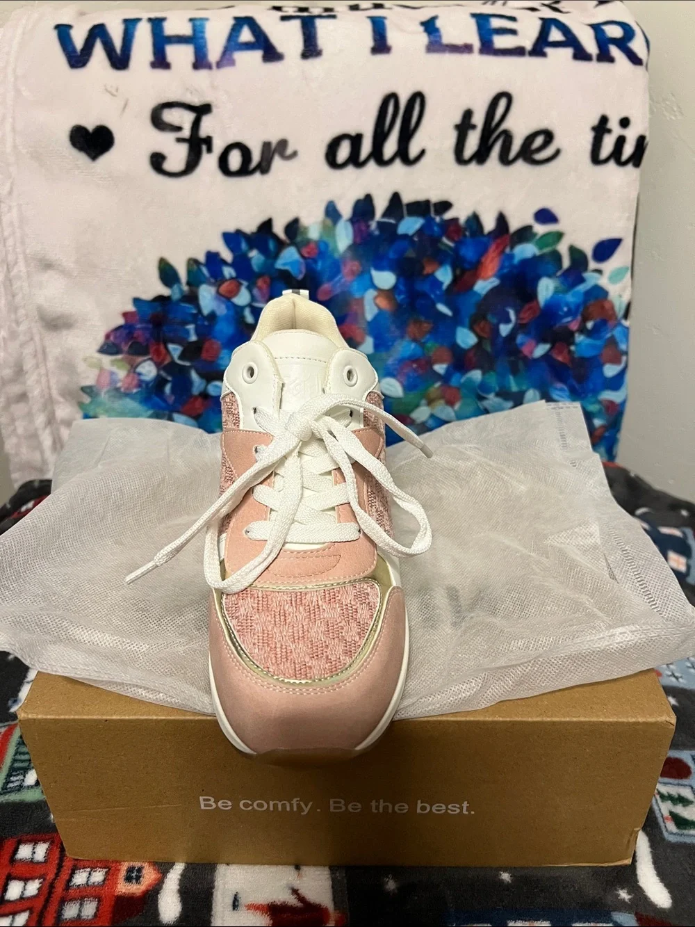 Women's Pink and White Wedge Sneakers with Gold Trim brand new it takes inbox